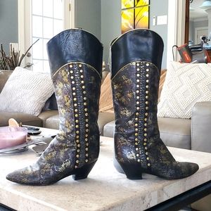 Leather Studded Boots Cowgirl Western Italy 7 gold black